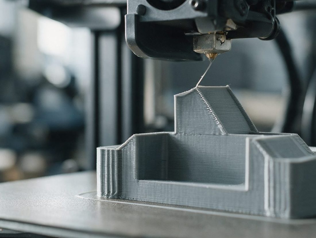 Industrieller 3D-Drucker beim schichtweisen Aufbau eines grauen Funktionsbauteils