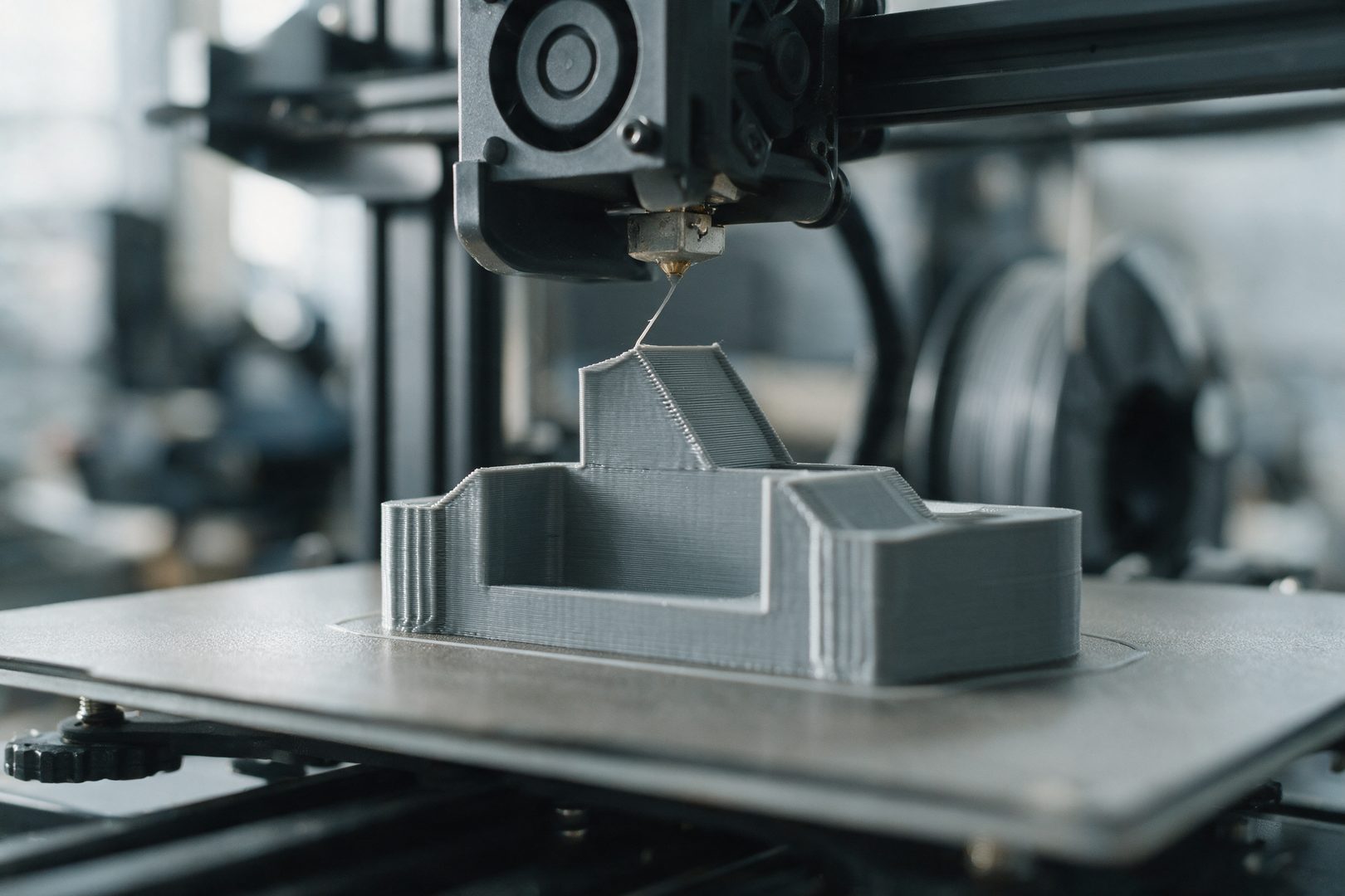 Industrieller 3D-Drucker beim schichtweisen Aufbau eines grauen Funktionsbauteils