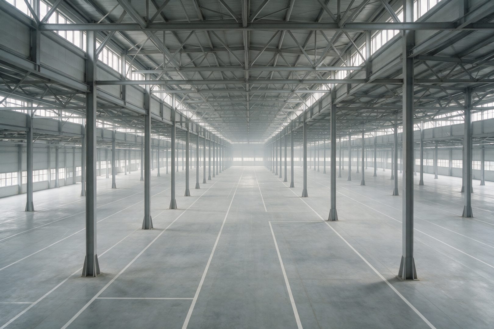 Produktionshalle mit St&uuml;tzenraster, Bodenmarkierungen und Dachbindern