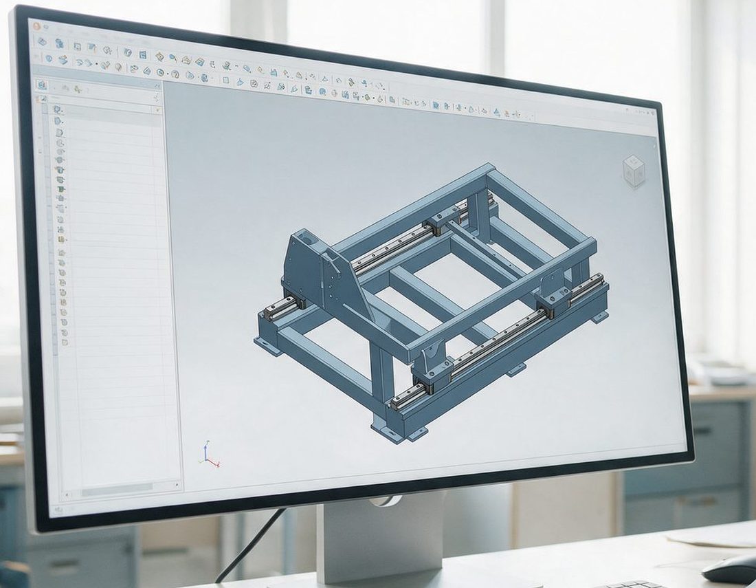 3D-Konstruktionsmodell eines Maschinenrahmens mit Linearf&uuml;hrungen auf einem Bildschirm