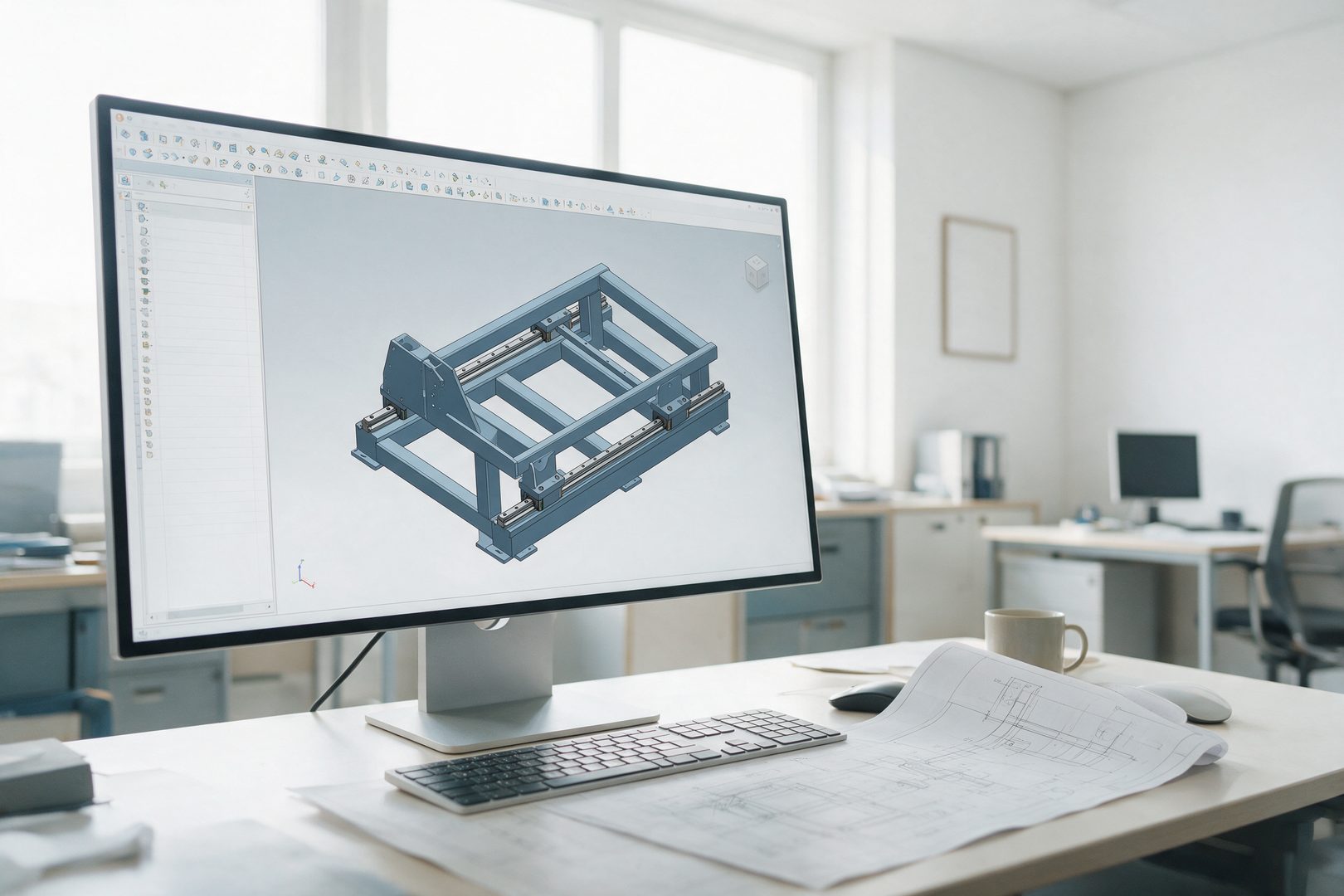 3D-Konstruktionsmodell eines Maschinenrahmens mit Linearf&uuml;hrungen auf einem Bildschirm
