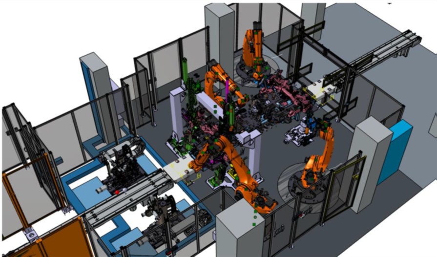 Konstruktionsansicht einer Roboterzelle mit vier Industrierobotern, Schutzumhausung und zwei Rundtischen
