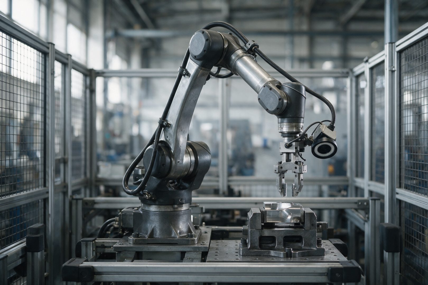 Sechsachsiger Industrieroboter mit Bildverarbeitungskamera &uuml;ber einem gespannten Werkst&uuml;ck in der Schutzzelle